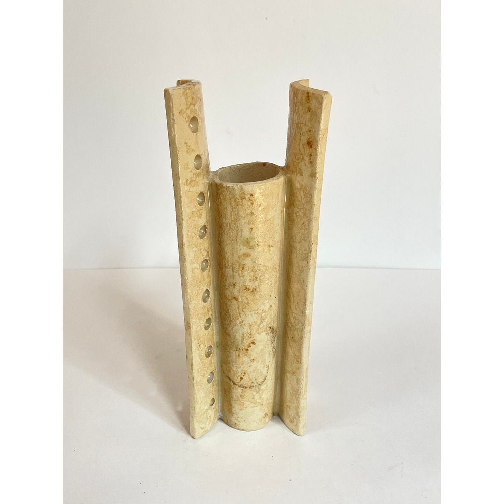 Vintage Brutalist Studio Pottery Vase Architectural Ceramic Sculpture Beige 10"